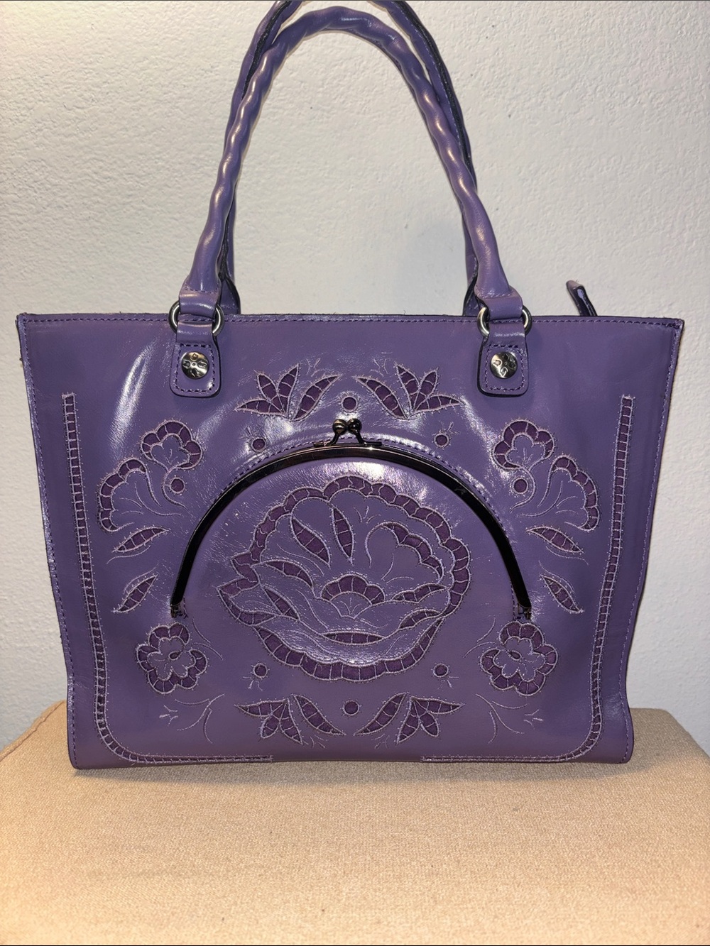 Patricia Nash French lace, Zancona leather tote, amethyst purple - Picture 2 of 8